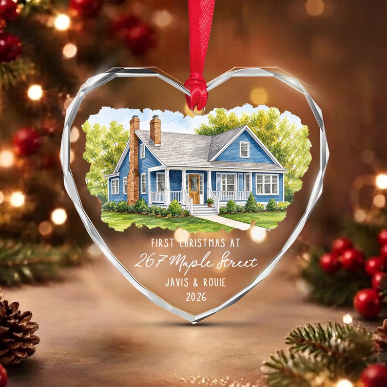 Watercolor Home Photo Heart Glass Ornament