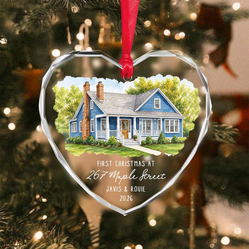 Watercolor Home Photo Heart Glass Ornament