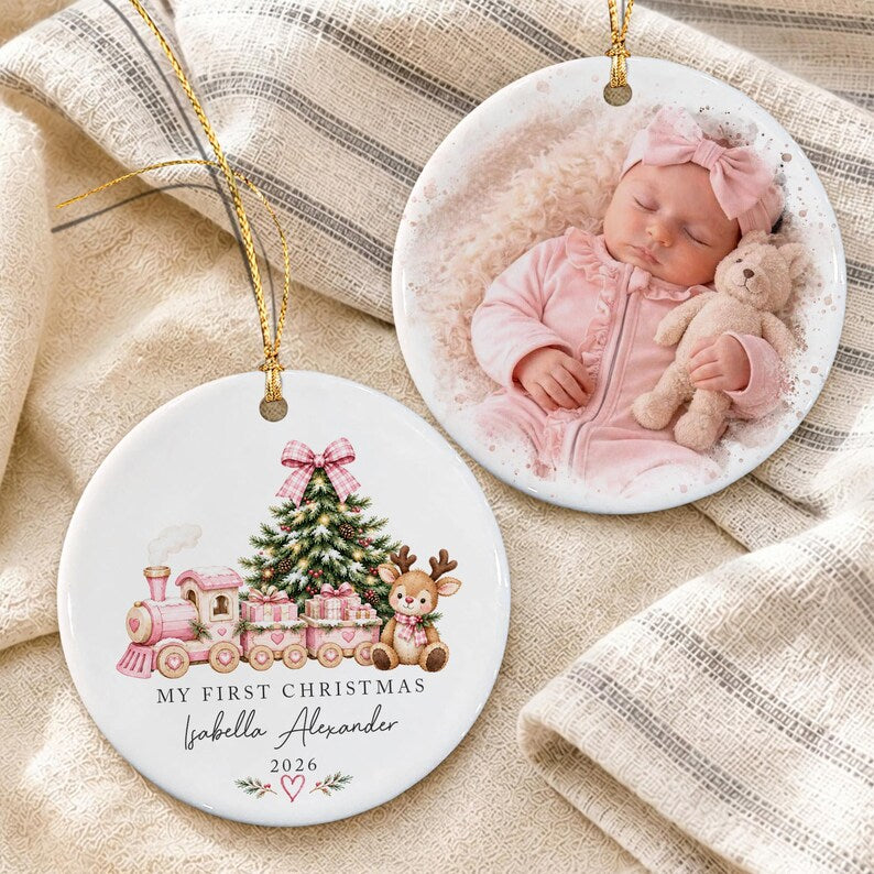 Baby Girl Reindeer Pink Train Ornament