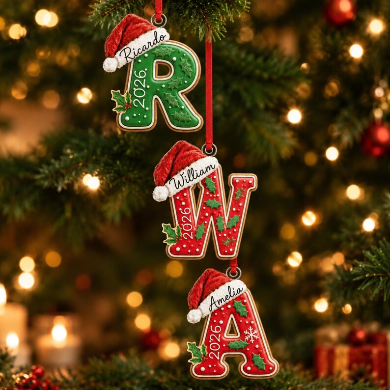 Three hanging Christmas ornaments shaped like the letters R, W, and A. Each letter features a red Santa hat, green holly leaves, white dots, and the year 2026.