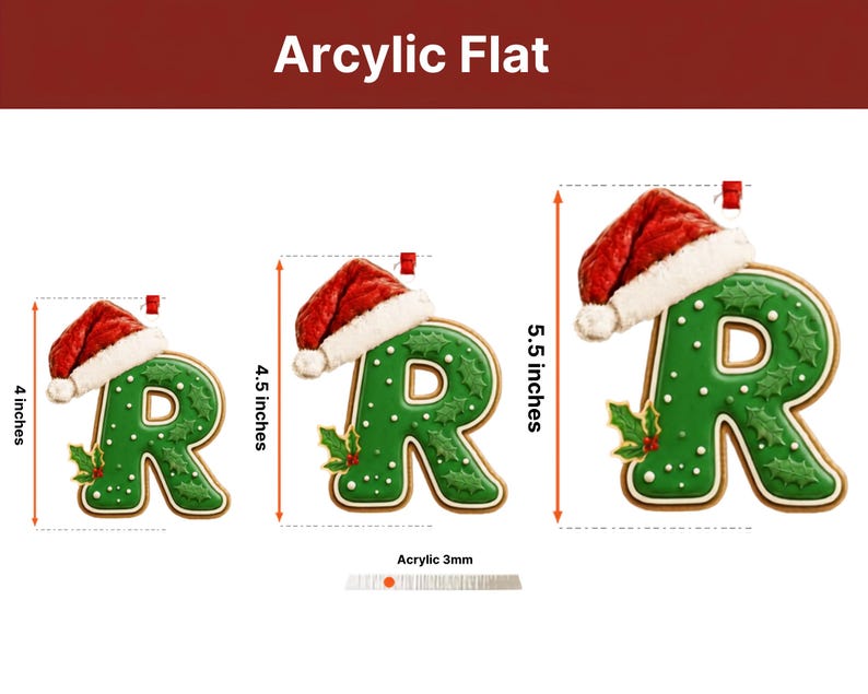 Three acrylic flat letter R ornaments with green icing, white dots, and holly leaves, each wearing a red Santa hat. The ornaments measure 4 inches, 4.5 inches, and 5.5 inches in height, with a material thickness of 3mm as labeled.