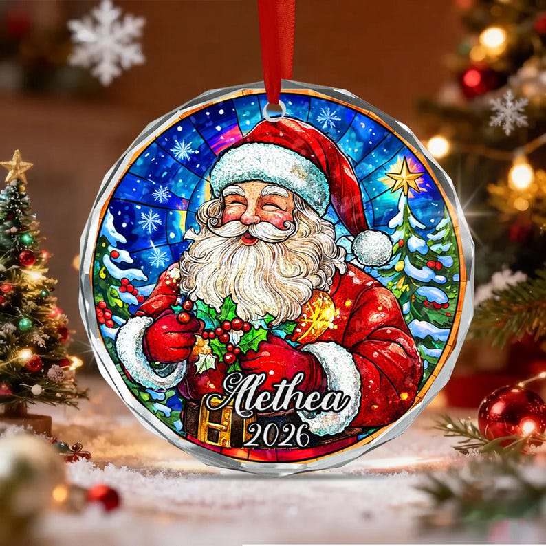 Santa Kid Name Crystal Glass Ornament