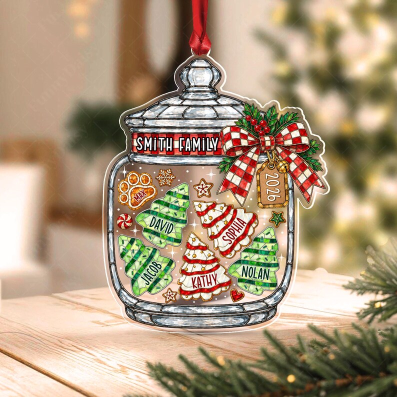 A flat, jar-shaped Christmas ornament featuring a red and white checkered bow with a 2026 tag.