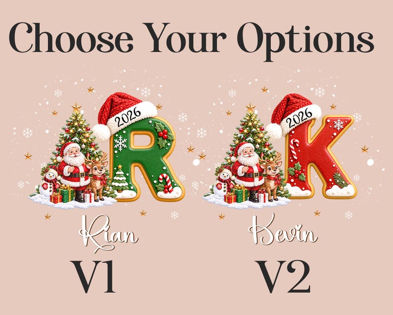 Two Christmas-themed letter ornaments labeled V1 and V2. V1 features a green letter R and V2 a red letter K, both topped with a Santa hat marked 2026. Each includes a Santa Claus, a reindeer, a snowman, and gifts.