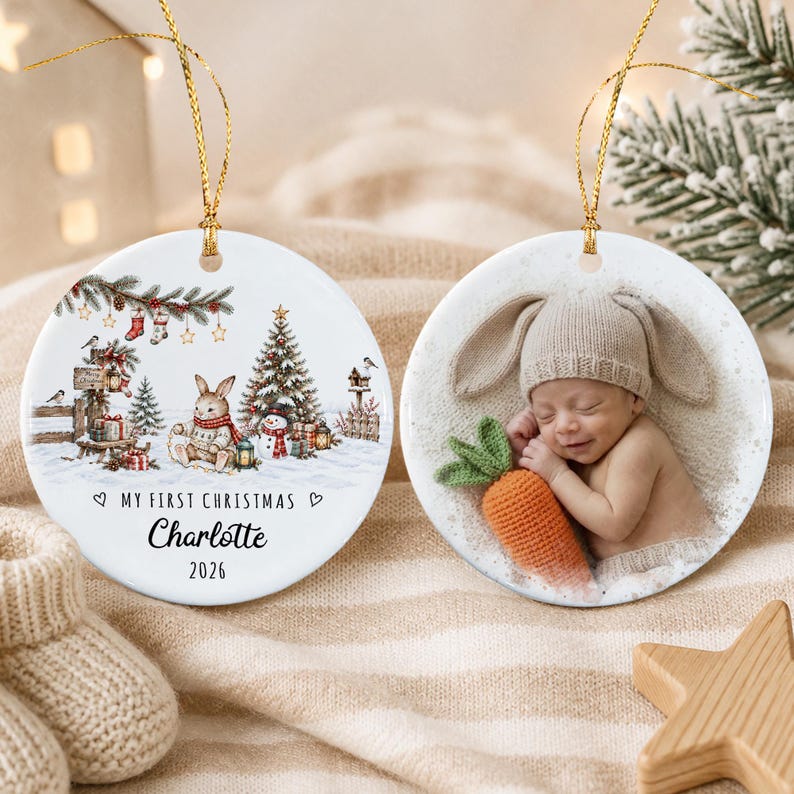 Baby Photo Vintage Rabbit 2-Sided Ornament