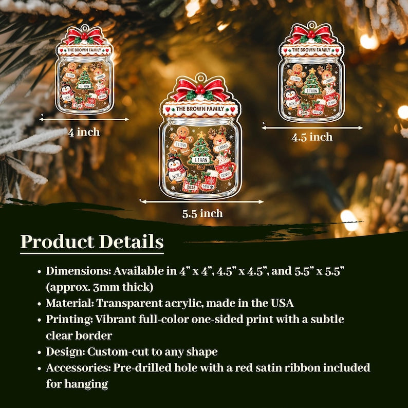 Three mason jar-shaped Christmas ornaments featuring a red bow at the top and the text THE BROWN FAMILY. The ornaments display gingerbread figures, a tree, and a penguin, available in 4 inch, 4.5 inch, and 5.5 inch sizes.