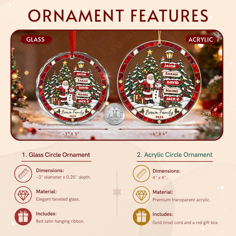 Two circular Christmas ornaments, one glass and one acrylic, featuring a festive scene with Santa, a snowman, and a signpost with names. The glass ornament is 3 inches by 3 inches, and the acrylic ornament is 4 inches by 4 inches.