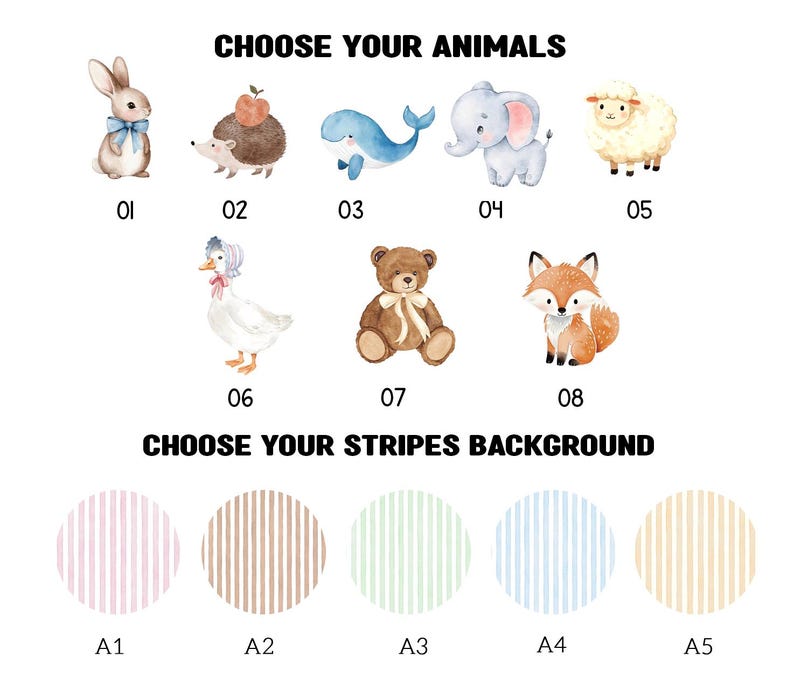 A selection chart featuring eight watercolor animal illustrations labeled 01 through 08, including a rabbit, hedgehog, whale, elephant, sheep, goose, bear, and fox.