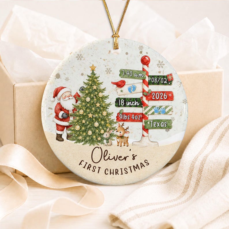 Baby Birth Stats Santa Signpost Ornament