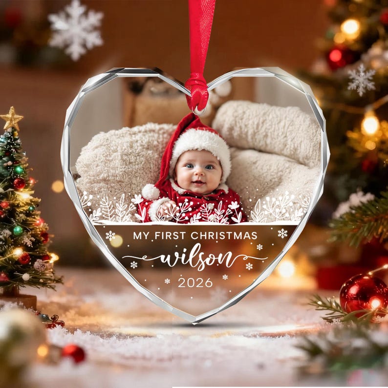 Baby Photo Heart Glass Christmas Ornament