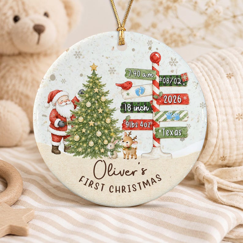 Baby Birth Stats Santa Signpost Ornament
