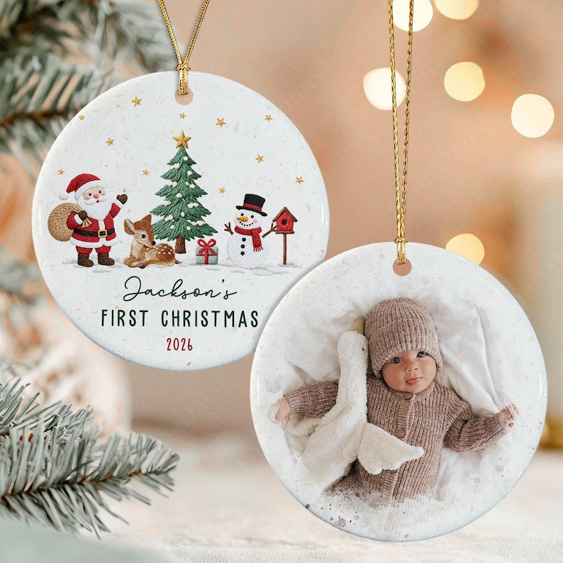 Baby Name Photo Santa Reindeer Ornament