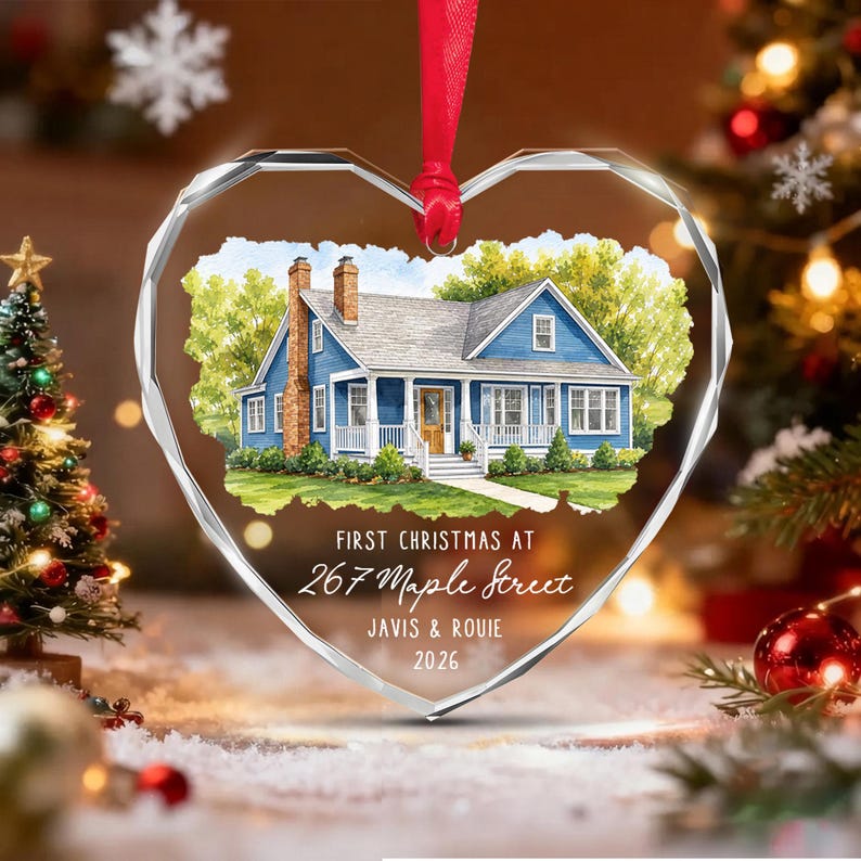 Watercolor Home Photo Heart Glass Ornament