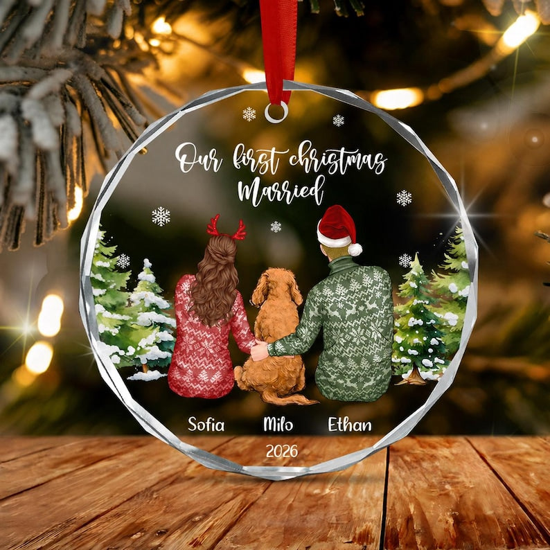Newlywed Couple & Dog Christmas Ornament
