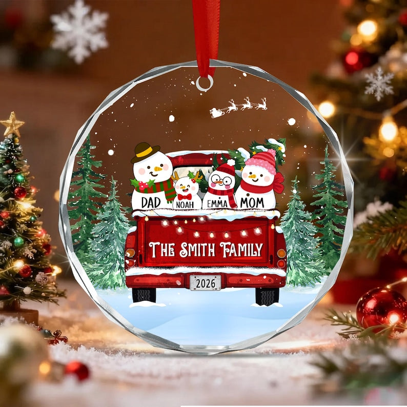 Snowman Truck Family Name Ornament