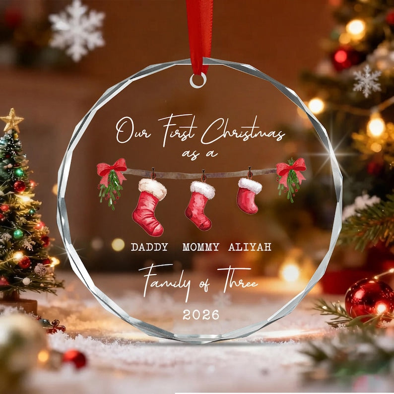 Family of 3 Stocking Glass Ornament