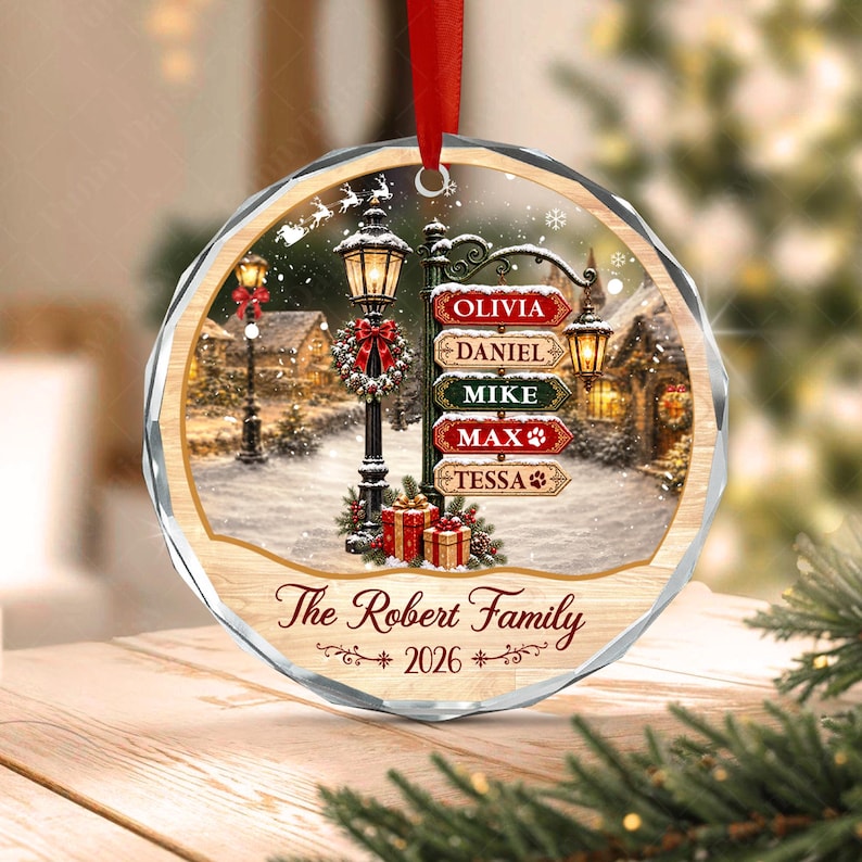 Family Sign Vintage Village Glass Ornament