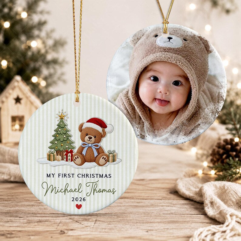 Baby Boy Teddy Bear Tree Ceramic Ornament