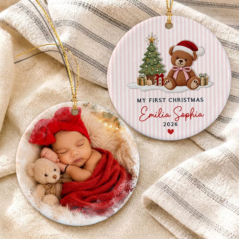 Baby Girl Teddy Bear Tree Ceramic Ornament