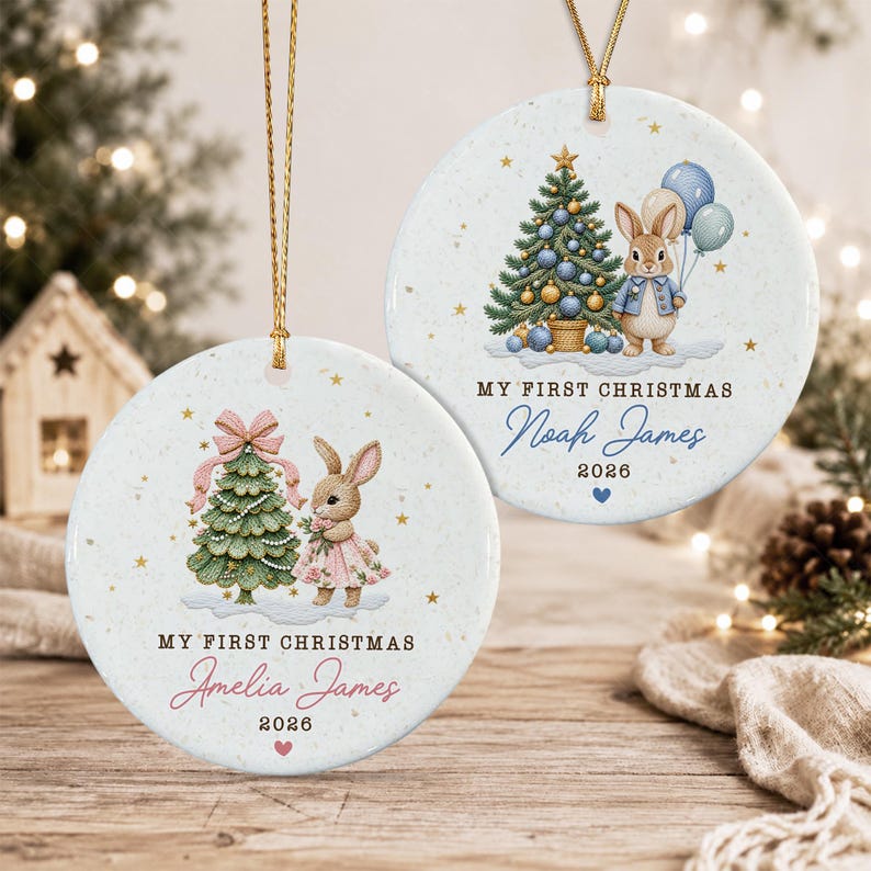 Baby Girl Bunny Circle Ceramic Ornament