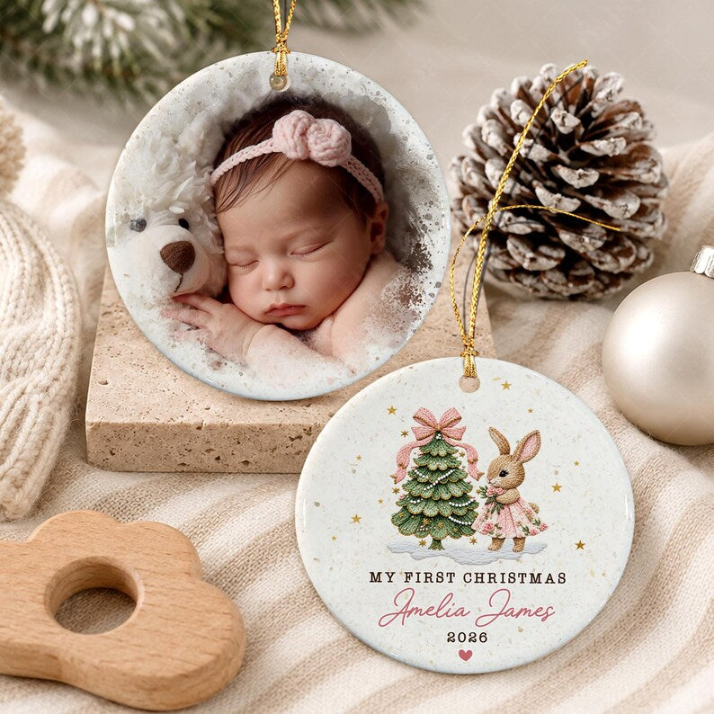 Baby Girl Bunny Circle Ceramic Ornament