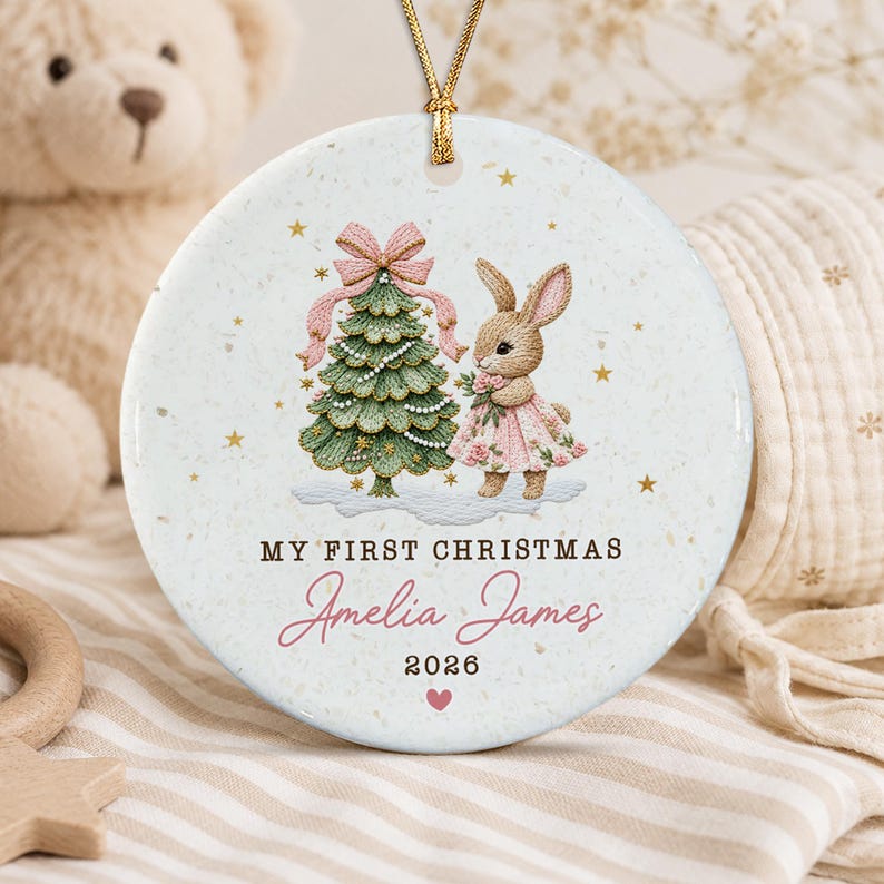 Baby Girl Bunny Circle Ceramic Ornament
