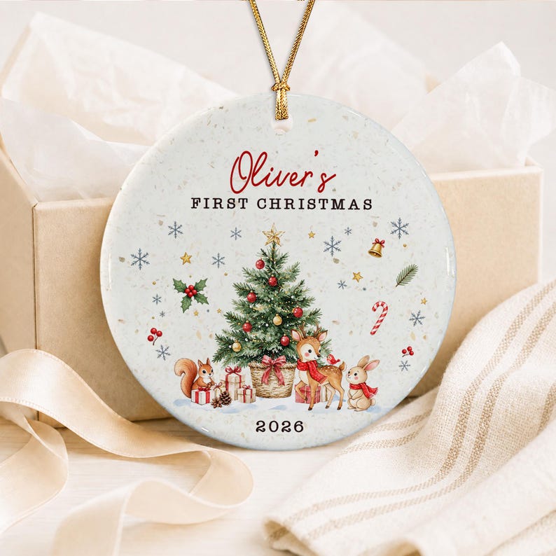Woodland Baby Photo Name & Year Ornament