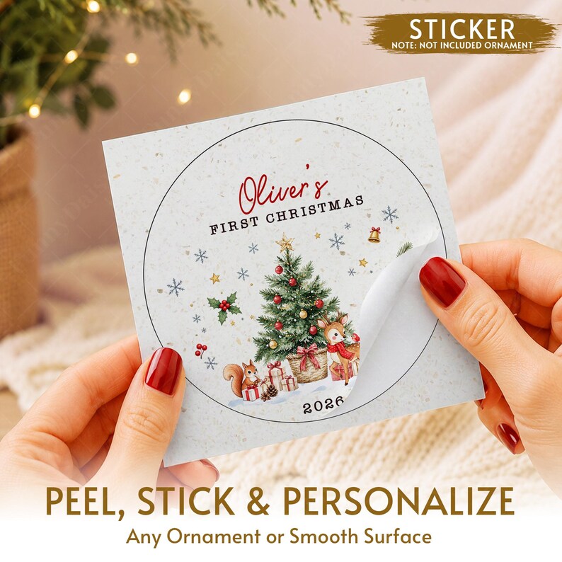 Woodland Baby Photo Name & Year Ornament