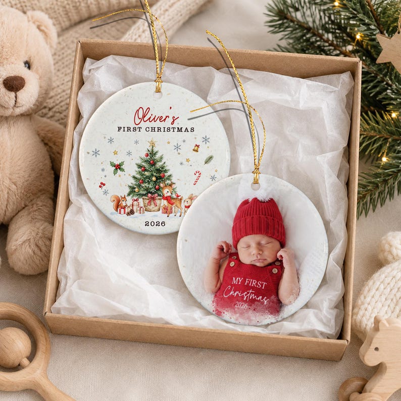 Woodland Baby Photo Name & Year Ornament