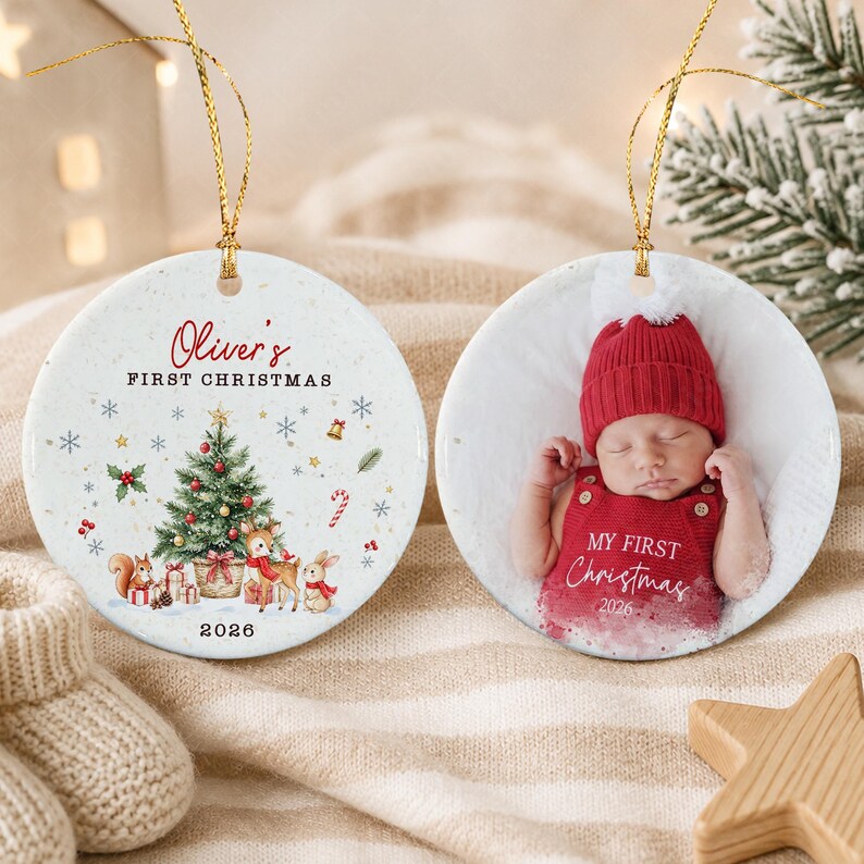Woodland Baby Photo Name & Year Ornament