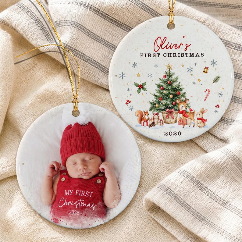 Woodland Baby Photo Name & Year Ornament