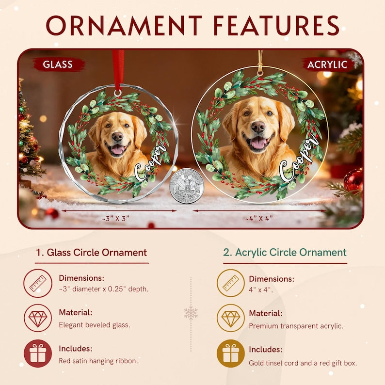 Two circular ornaments featuring a golden retriever inside a green and red wreath with the name Cooper.