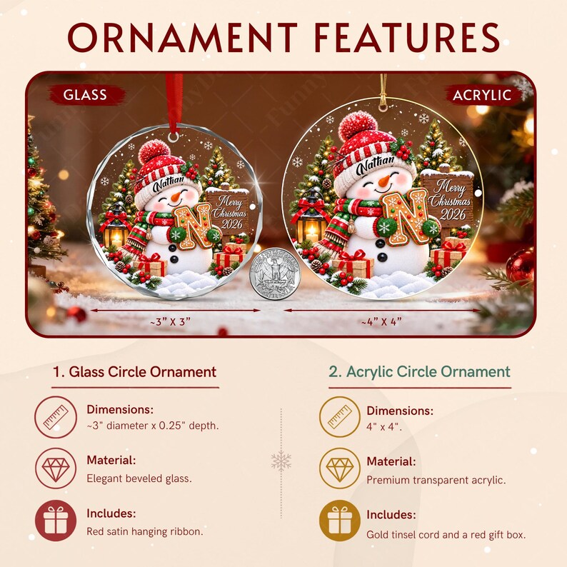 Two circular Christmas ornaments featuring a snowman illustration with the name Nathan, a gingerbread letter N, and the text Merry Christmas 2026.