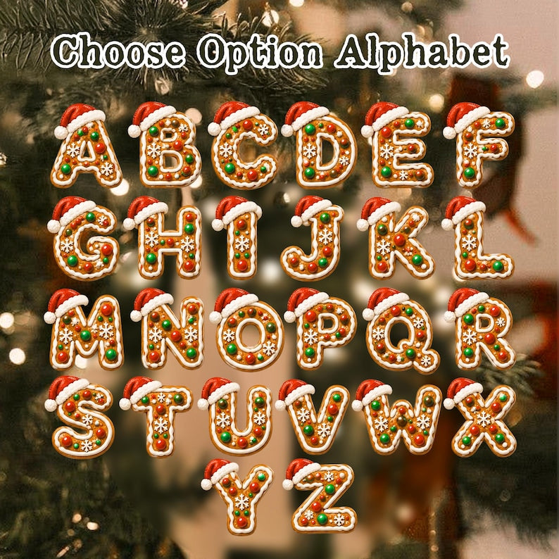 A collection of gingerbread-style alphabet letters from A to Z, each topped with a small red and white Santa hat. The letters feature white icing, red and green circular accents, and snowflake patterns on a brown textured surface.
