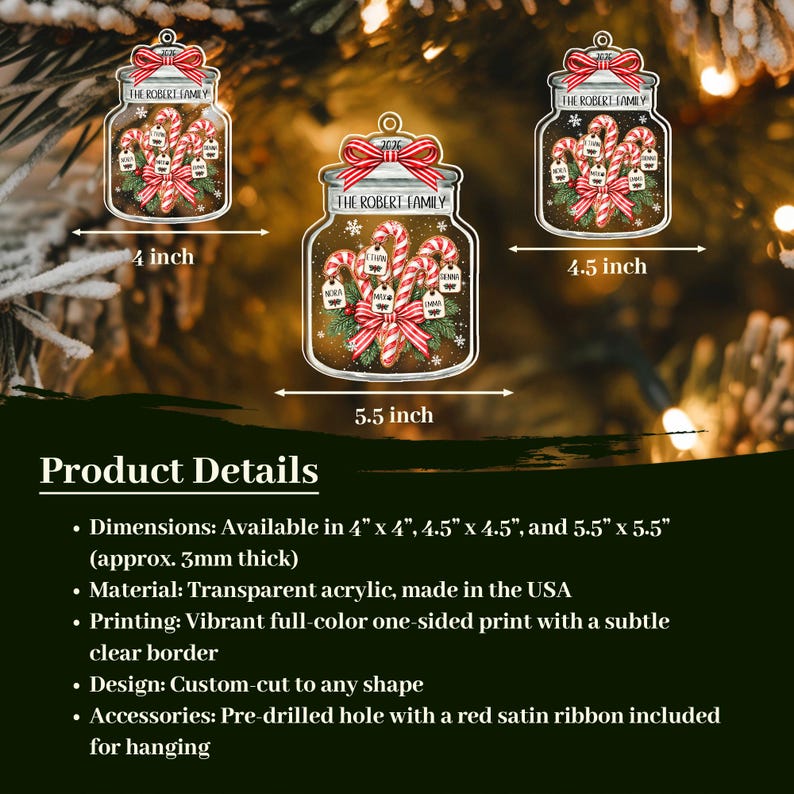 Three transparent acrylic mason jar ornaments featuring candy canes, pine branches, and red-and-white striped bows. The ornaments are labeled 4 inches, 4.5 inches, and 5.5 inches wide.