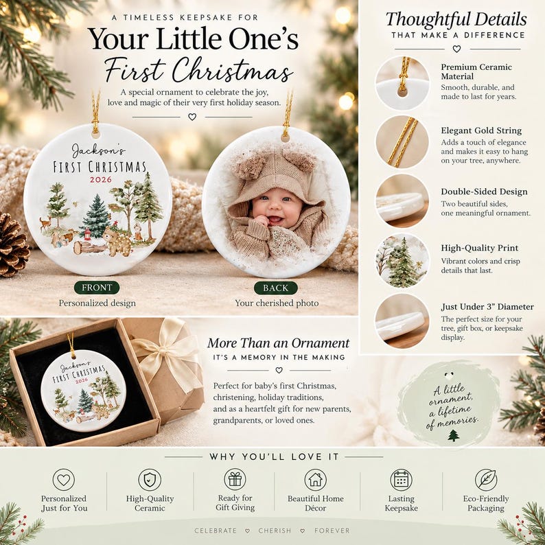 A round white ceramic Christmas ornament featuring a personalized forest-themed illustration with the text Jackson's First Christmas 2026 on the front and a baby's photograph on the back, suspended by a gold string.