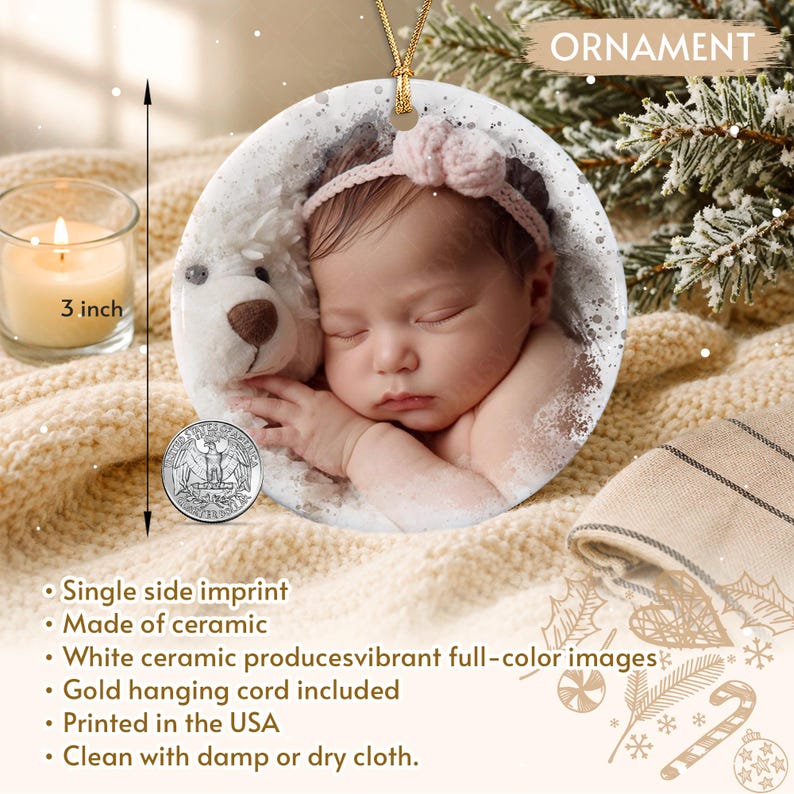 A round white ceramic ornament featuring a printed photograph of a sleeping infant wearing a pink headband next to a white plush toy.