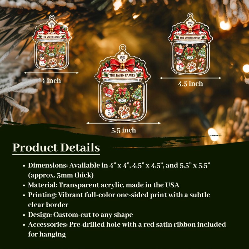 Three mason jar-shaped Christmas ornaments featuring a red bow, the text THE SMITH FAMILY, and 2026. The ornaments display festive graphics including a snowman, wreath, candy cane, and paw print.