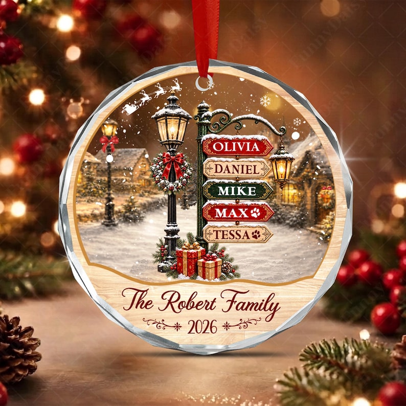 Family Sign Vintage Village Glass Ornament