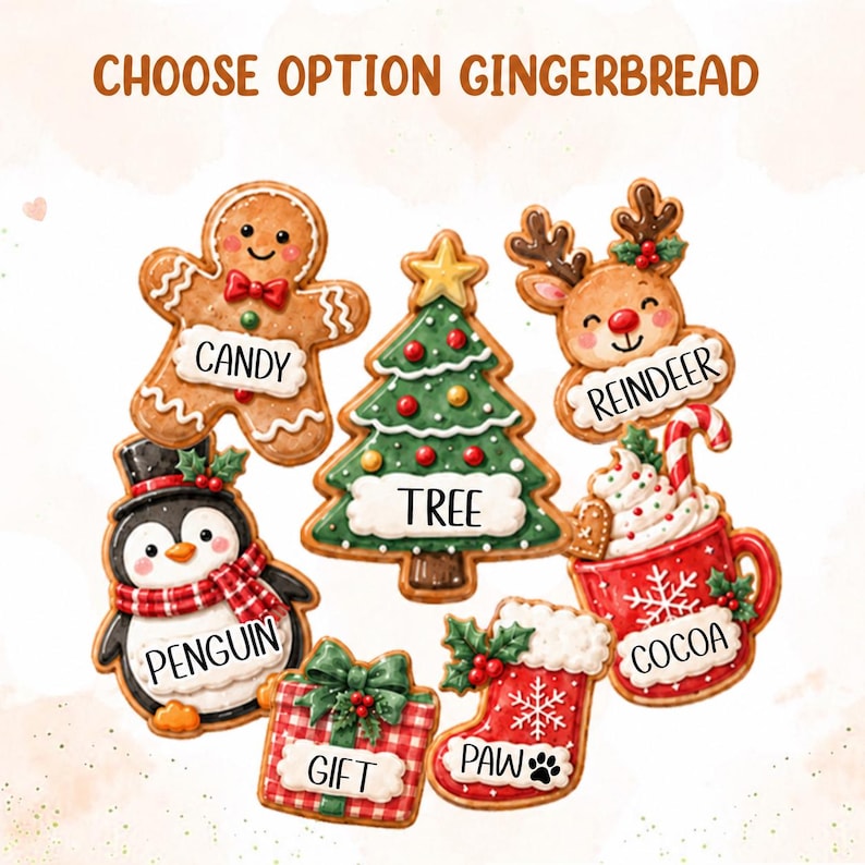 A collection of seven gingerbread-style ornaments featuring a gingerbread person, Christmas tree, reindeer, penguin, gift, stocking, and cocoa mug.