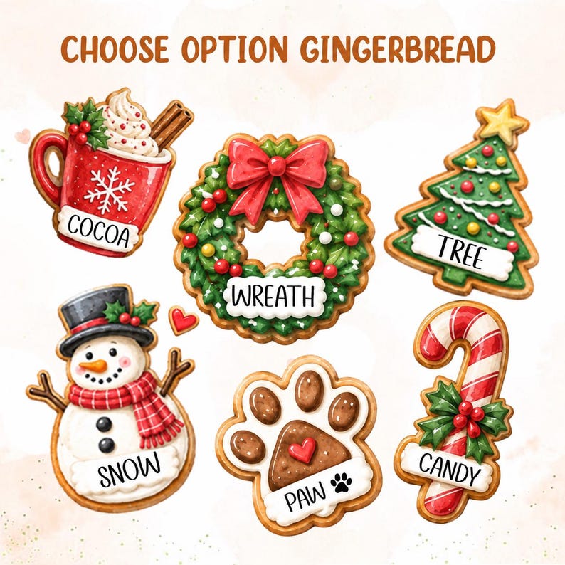 A set of six gingerbread-style cookies featuring a red cocoa mug, a green wreath with a red bow, a decorated Christmas tree, a snowman with a top hat, a paw print, and a candy cane, each labeled with text including COCOA, WREATH.