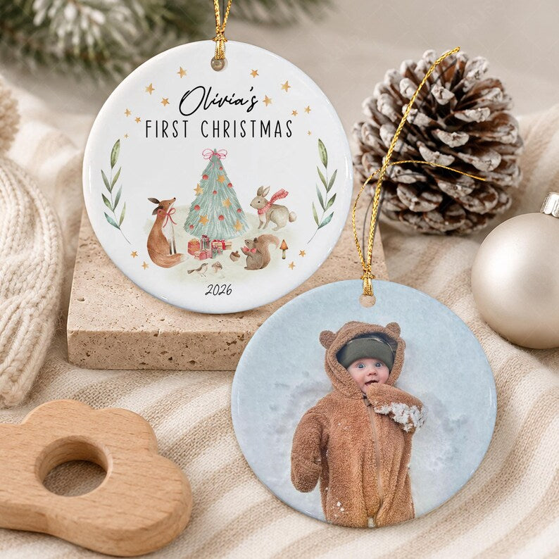 Woodland Animal Newborn Photo Name Ornament