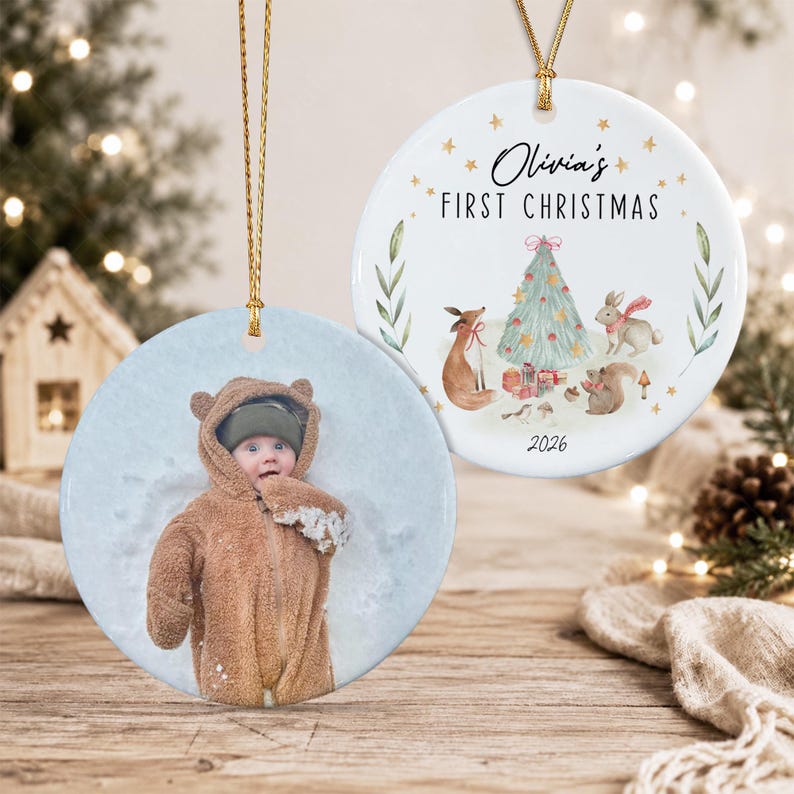 Woodland Animal Newborn Photo Name Ornament