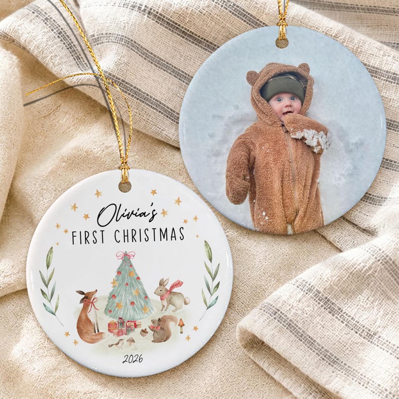 Woodland Animal Newborn Photo Name Ornament