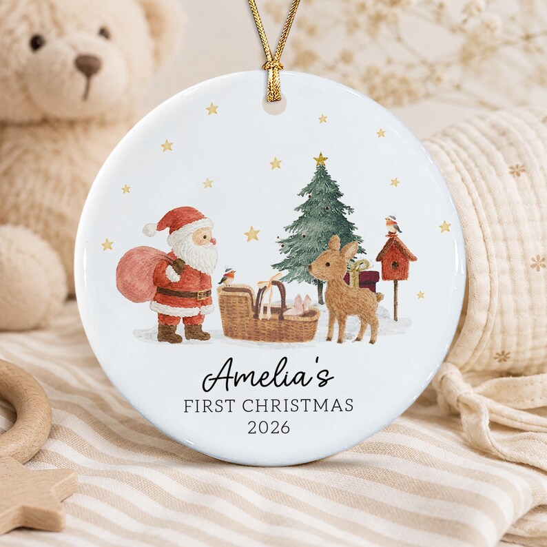 Santa Reindeer Baby Basket Photo Ornament