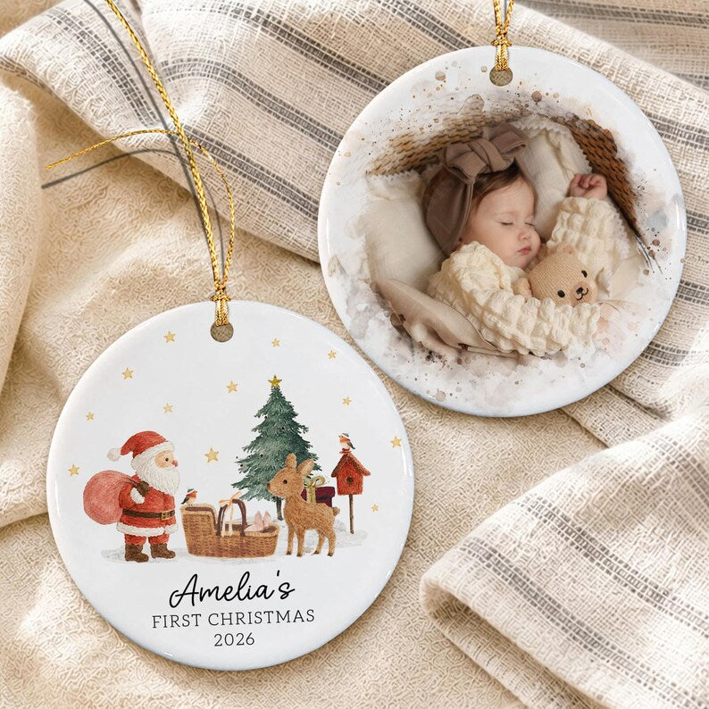 Santa Reindeer Baby Basket Photo Ornament