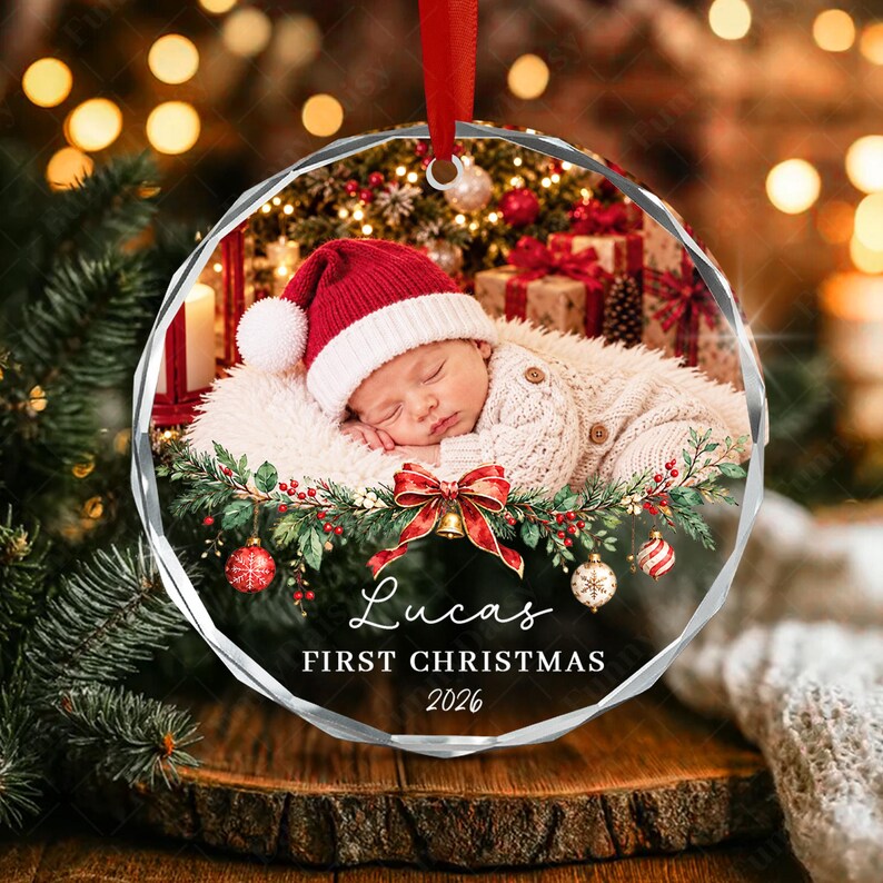 Baby's First Christmas Photo Glass Ornament