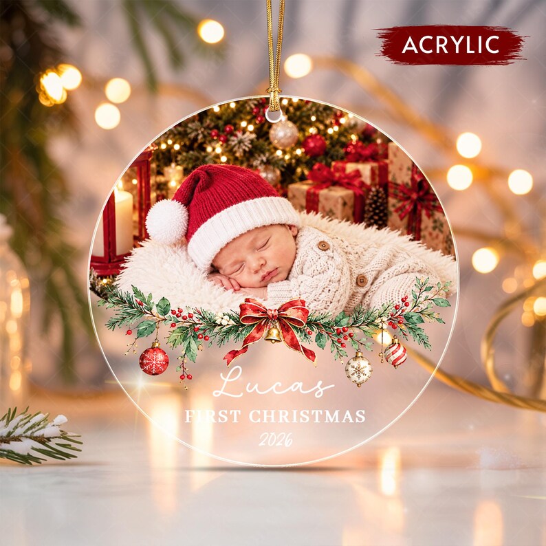 Baby's First Christmas Photo Glass Ornament