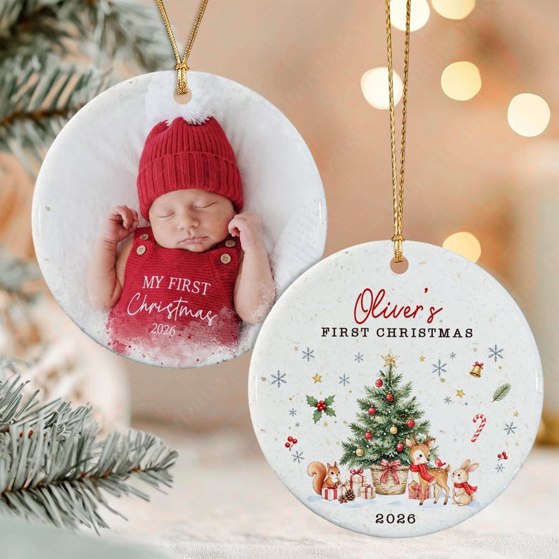 Woodland Baby Photo Name & Year Ornament