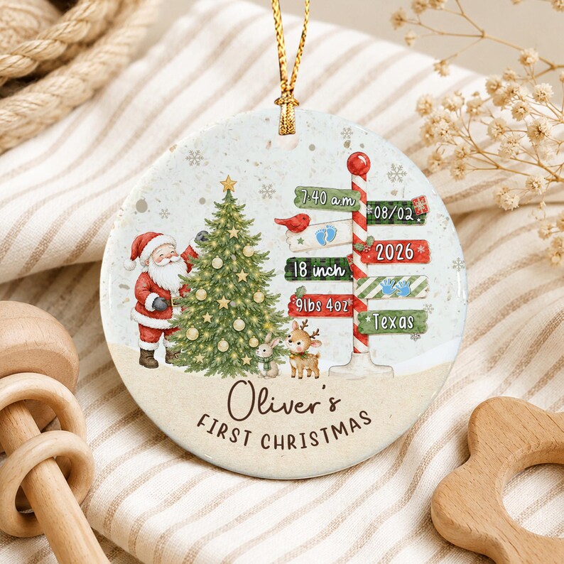 Baby Birth Stats Santa Signpost Ornament